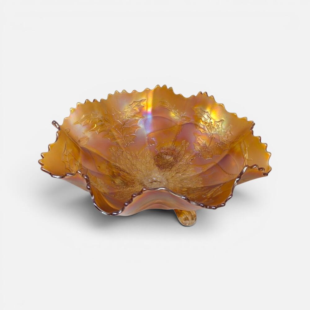 Antique Fenton Marigold Chrysanthemum Carnival Glass Footed Bowl